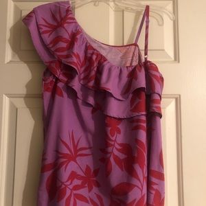 Old Navy. Ruffled one shoulder tank. Pink/lavender & red leaf pattern. Medium.